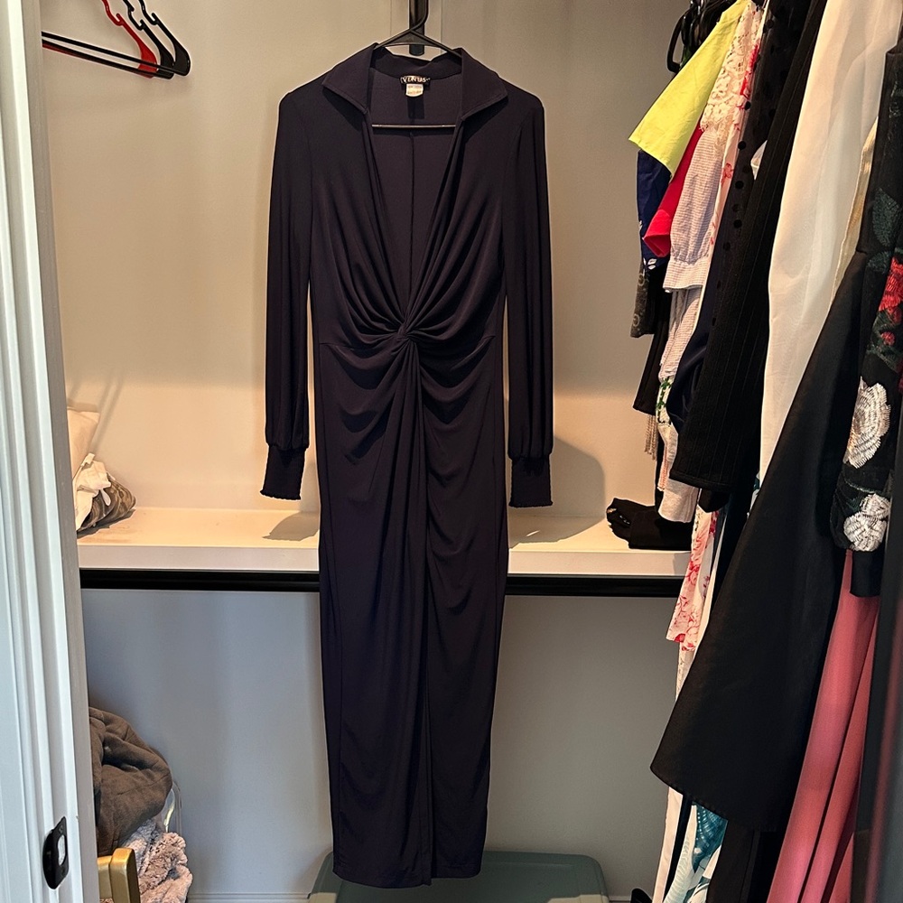 VENUS Navy Long-Sleeve Twist-Knot Maxi Dress
